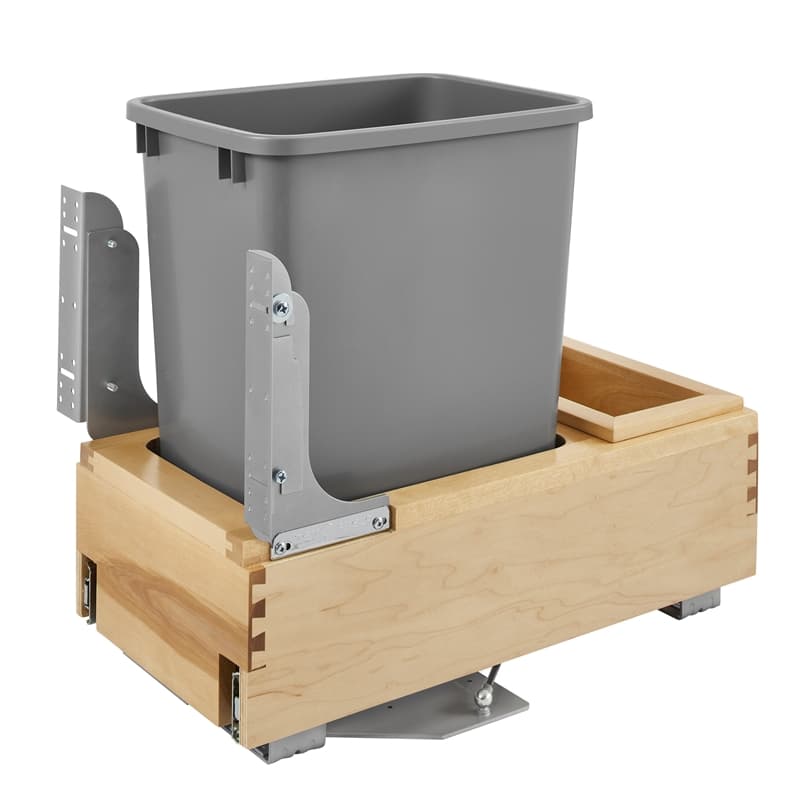 Single 35 qt. Pullout Bottom Mount Wood and Silver Waste Container w/ Rev-A-Motion Slides